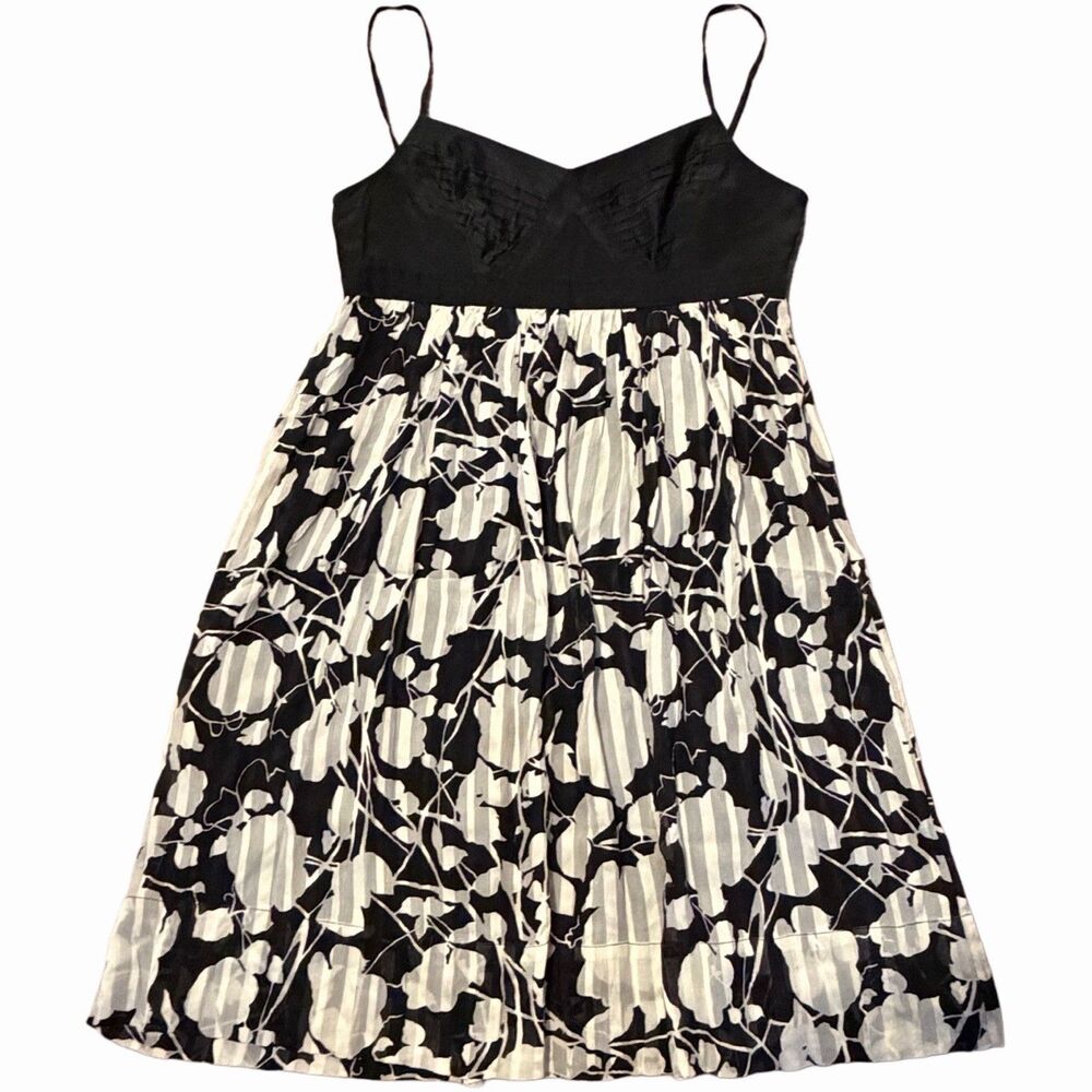 BCBG Maxazria Dress 0 Black Silk Flowy Empire Waist Floral Spaghetti Strap